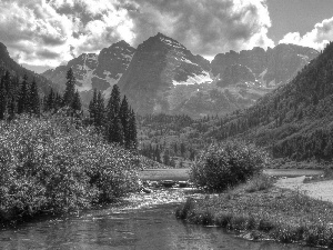 River, woods, clouds, Mountains