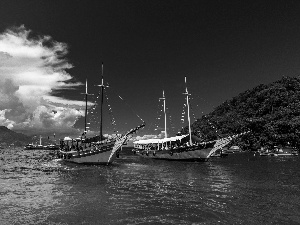 sailboats, Mountains, clouds, sea