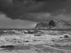 sea, rocks, clouds, Waves