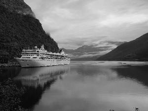 Ship, Mountains, clouds, lake