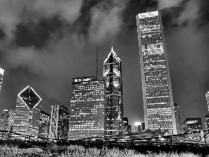 clouds, illuminated, skyscrapers