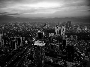 clouds, Town, skyscrapers