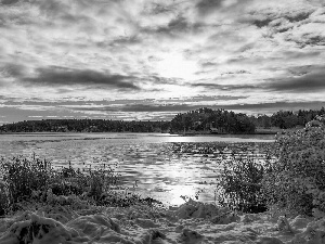 clouds, River, snow