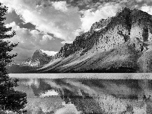 clouds, spruce, Mountains, lake, beatyfull