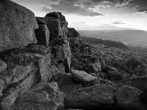 Stones, Sky, clouds, Moss