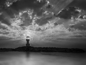 sea, maritime, rays, Island, Lighthouse, clouds, sun