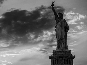 freedom, statue, clouds, Przebijające, luminosity, USA, sun, flash, ligh