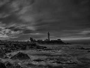 rocks, Lighthouse, west, maritime, Coast, clouds, sun