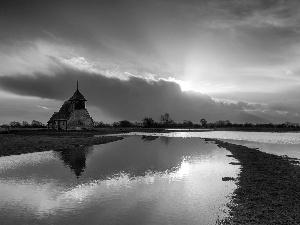 Sheep, Church, west, medows, River, clouds, sun