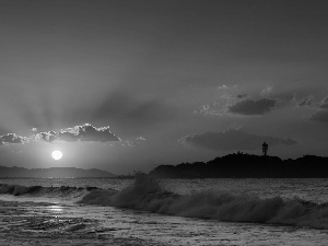 Waves, maritime, west, sea, Lighthouse, clouds, sun