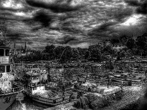 clouds, Turkey, motorboat, Cutters, port