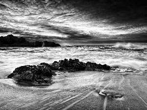 clouds, sea, Waves