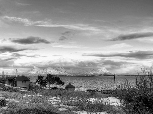 clouds, winter, Mountains, Houses, lake