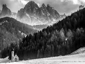Mountains, church, clouds, winter, woods, Way