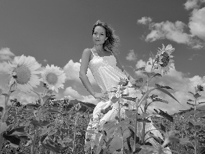 Women, sunflowers, clouds, Field