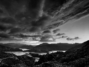 clouds, River, woods