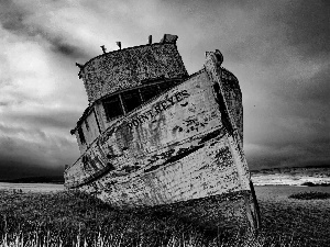 wreck, coast, clouds, ship