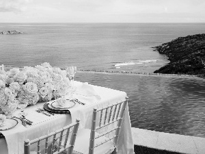 Coast, rocks, Pool, roses, Hotel hall