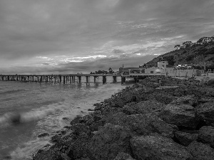 California, The United States, Malibu, sea, Stones, Great Sunsets, Coast, Waves, pier