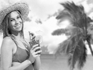 Beaches, smiling, cocktail, Hat, Palms, Women