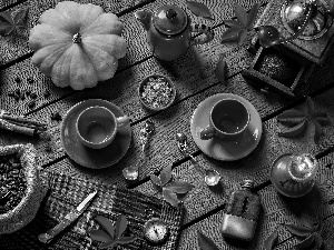 coffee, mill, grains, Spoons, autumn, composition, Leaf, pumpkin, cups