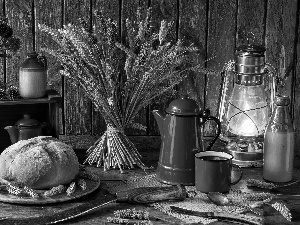 sickle, bread, oil, jug, Lamp, Ears, corn, coffee