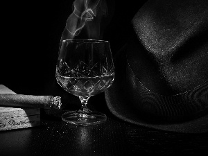 cigar, glass, Box, cognac, Hat, smoke, composition