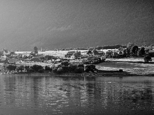 River, medows, colony, Mountains