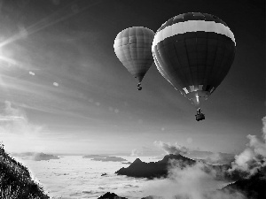 rays, Mountains, color, Balloons, sun, clouds