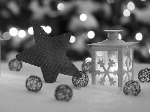 Stars, Lanterns, composition, Christmas, snow, baubles