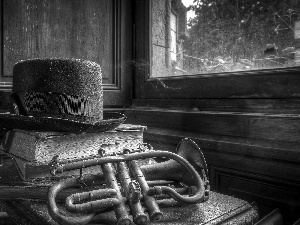 Books, Hat, composition, trumpet