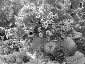 Flowers, plums, composition, truck concrete mixer