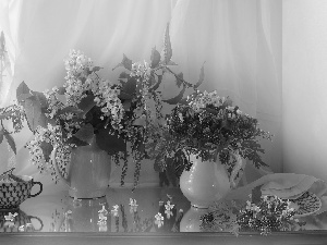 Muscari, bouquet, cup, Bird Cherry, Flowers, jug, composition