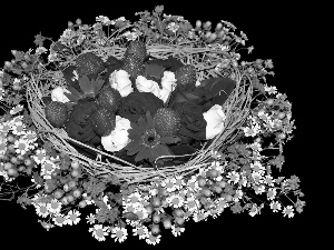 strawberries, camomiles, composition, basket