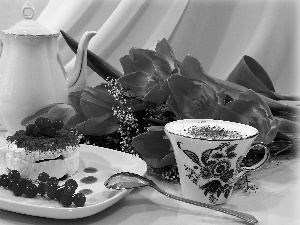 Tulips, cake, composition, coffee