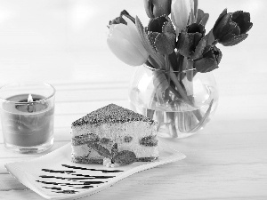 cake, composition, Vase, Candles, Tulips