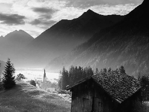 cottage, Church, medows, woods, Mountains