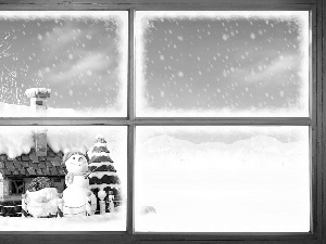 Cottage, Snowman, winter, snow, Window