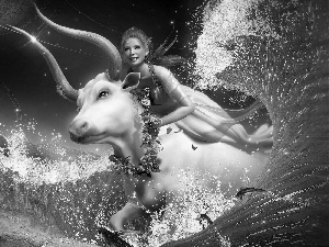 Cow, wreath, Women, Waves, fantasy