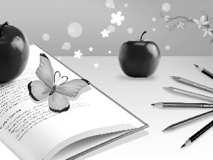 apples, Book, crayons, butterflies