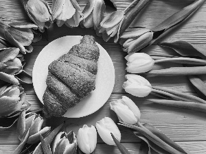 croissant, Croissant, Tulips, plate, color