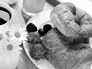 croissants, coffee, Fruits