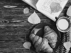 Croissants, croissants, Cup, milk, Book, boarding, Scarf, Leaf, plate