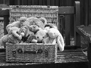 bear, cuddly, basket, plushies, Bench
