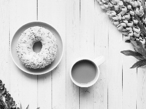 Cup, coffee, boarding, Colourfull Flowers, White, Donut, doughnut, lupine