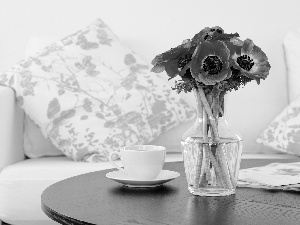 bouquet, Vase, pillows, table, Sofa, Anemones, Flowers, cup