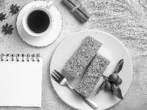 fork, cake, tea, plate, note-book, limes, cup