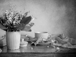 cup, composition, blue, stuff, Lily of the Valley, Vase