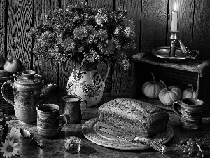 pumpkin, basket, Bouquet of Flowers, jug, Astra, composition, apples, cups, cake, candle