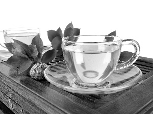 cups, leaves, saucers, table, tea